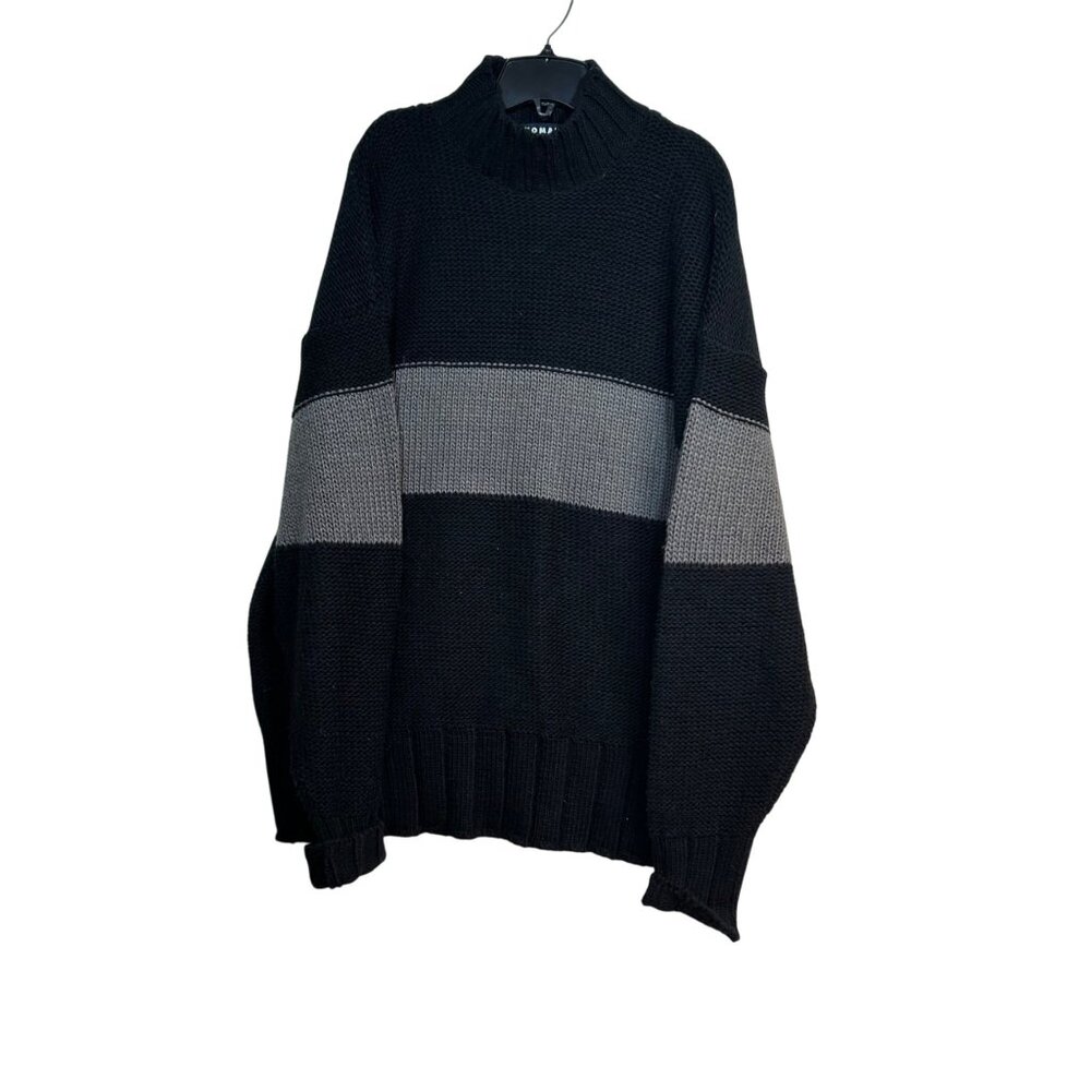 Koman XXL Sports Black & Gray Striped Knit Sweater Pullover
